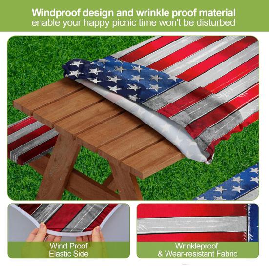 Picnic Table Cover Set American Flag Fitted Table Cover with 2 Bench Covers Waterproof Windproof Tablecloth with Elastic Edges for Outdoor Camping