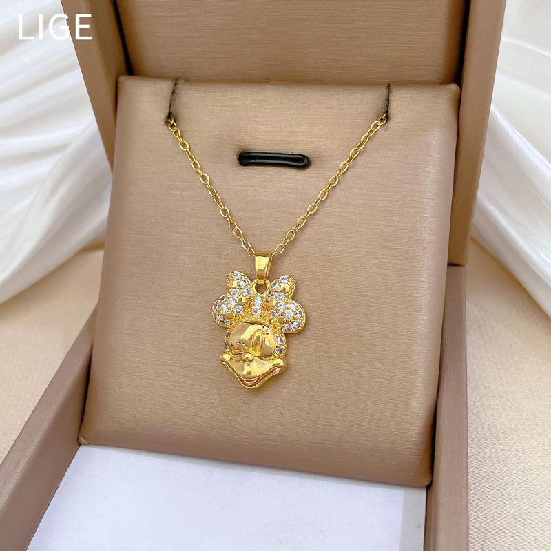 Mickey Head Heavy Industry Necklace Women'S Copper Micro-Inlaid Real Gold Electroplating Delicate Clavicle Chain Neck Chain