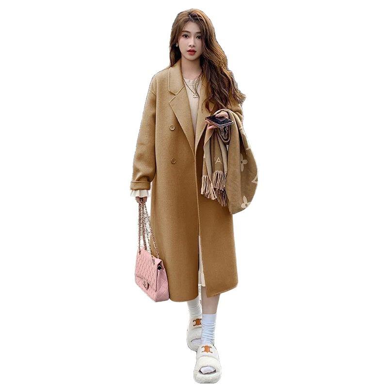 Women's Hepburn Style Korean Pink Wool Coat - Mid-Length, Autumn/Winter 2025 Collection, Petite Fit, High-End Feel