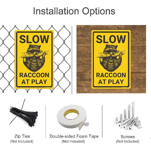 Slow Raccoon at Play Aluminium Metal Sign, Funny Raccoon Warning Sign, Raccoon Decor, Raccoon Gift, Unique Animal Decor for
