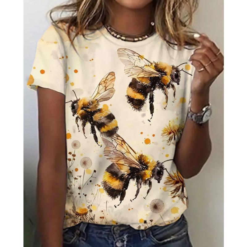 

Летняя уникальная и простая женская футболка с коротким рукавом и круглым вырезом, с 3D-принтом, с элементом карликовой пчелы и подсолнуха 6XL