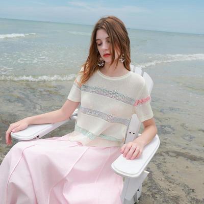 Sancai 2025 Fall Women's Striped Short-Sleeve Knit Sweater