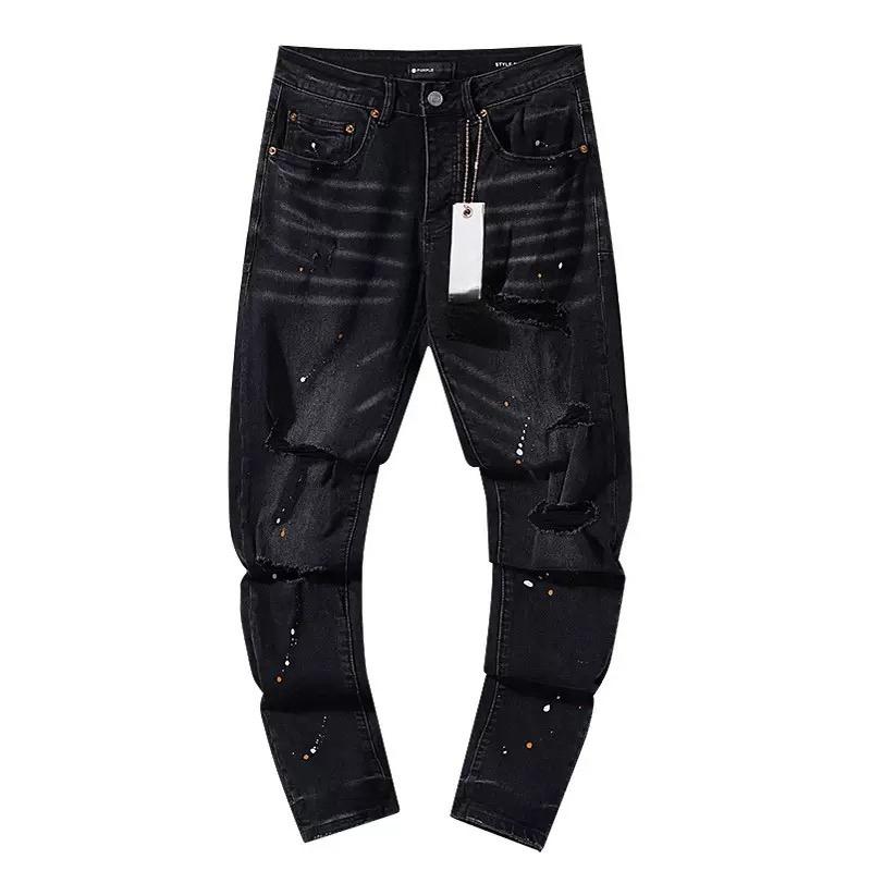 BeatStreet New Jeans גברים טרנד אופנה שטיפה רטרו הדפסת גרפיטי תיקון מותן נמוך מתיחה סקיני כפתור קפלים קרועים מכנסי ג'ינס