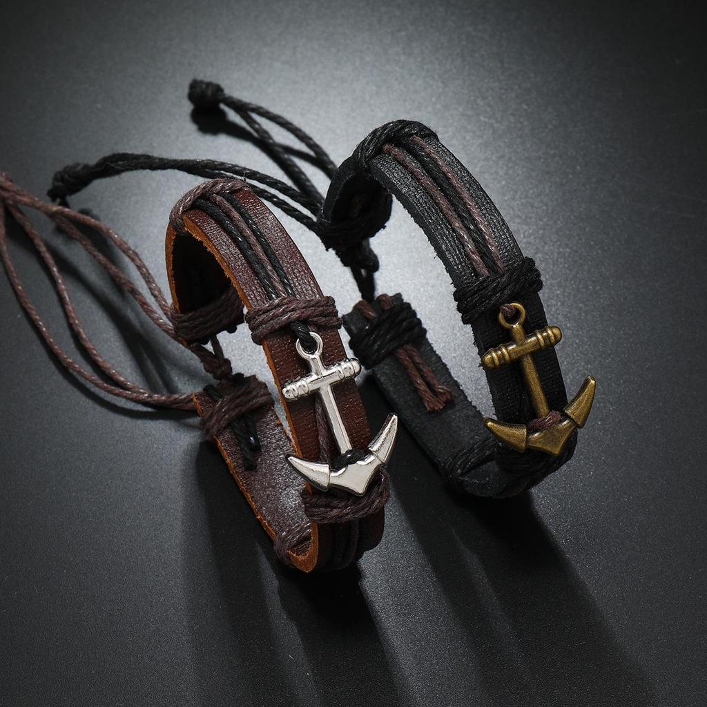Men's Cross-border Anchor Leather Bracelet - European & American Style, Alloy Design