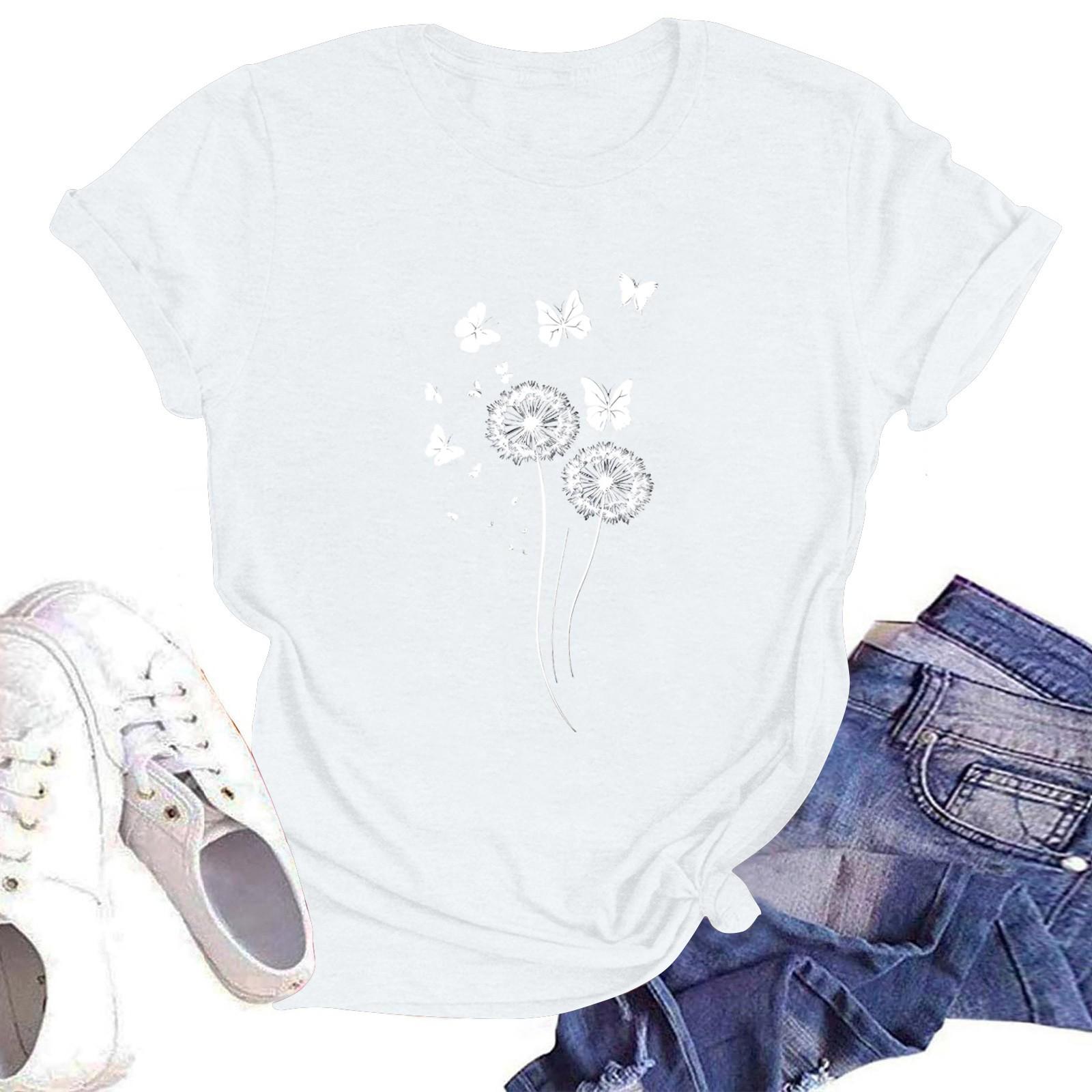 Women Casual Loose Fit Pullover T Shirt Crew Neck Short Sleeve Top with Dandelion and Butterfly Print Comfortable Lightweight L