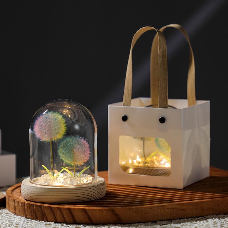 Luminous Dandelion Preserved Flower Bouquet Night Light in Glass Dome - Birthday Gift for Girls or Girlfriend
