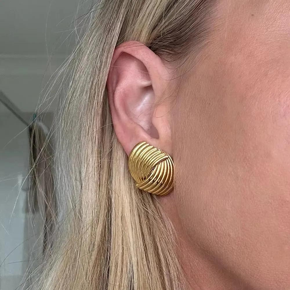 Geometric Stainless Steel Chunky Twist Metal Earrings Trendy Pearl Flower Stud Earring Everyday Statement Jewelry for Her
