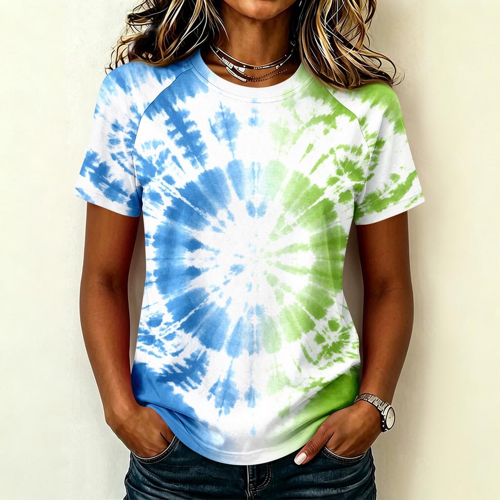 Damen Freizeit Kurzarm Raglan T-Shirt Rundhals Batik-Print Leichtes Weiches Gewebe Sommer Oberteil