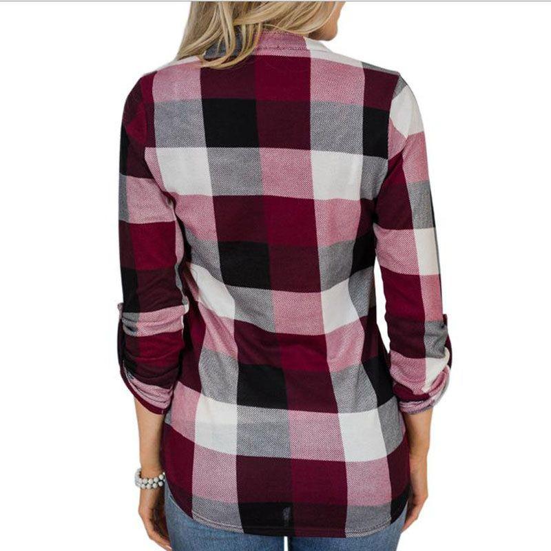 Women Vintage V-neck Loose Tops Long Sleeve Stylish T-shirt With Plaid Casual Design