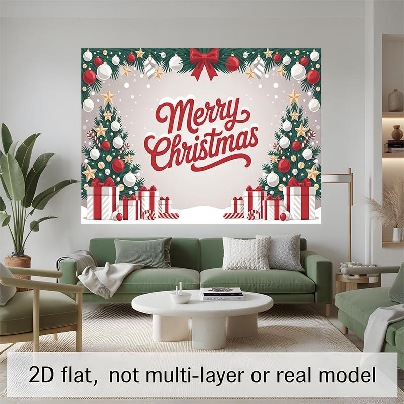 Party Banner Pine Tree Ornaments Bows Christmas Backdrop, Polyester Wall Decor for Celebration & Photos