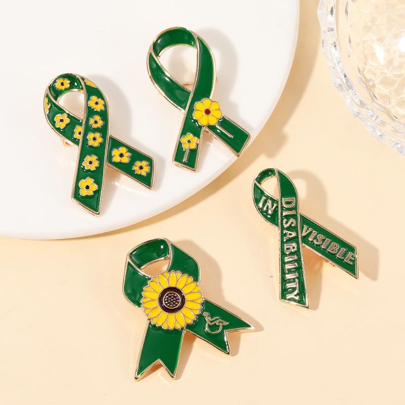 Sunflower Pattern Red Ribbon Theme Lapel Pins Green Disability In Visible Enamel Brooches For Disabled Person