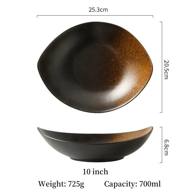 10 inch Dark Black Ink Ellipse Dinner Plate Under-Glazed Ceramic Dinner Dishes Dessert Tray Soup Plate Dinnerware Microwave Safe