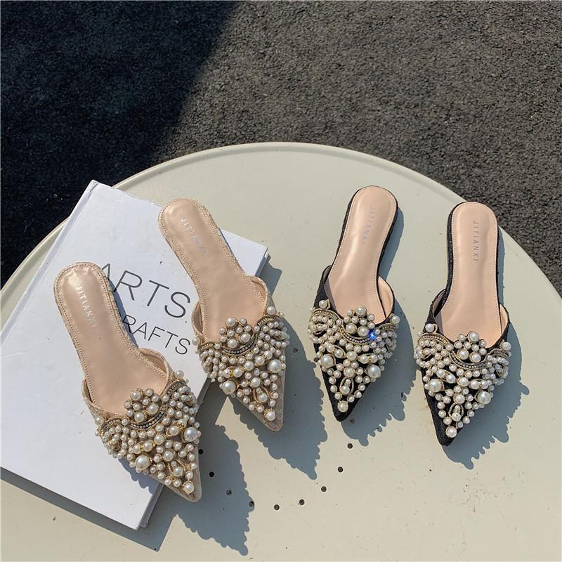 

Pointed pearl rhinestone women s half-drag summer bag head sexy flat slippers sandals large size 40-43 35 абрикосовий