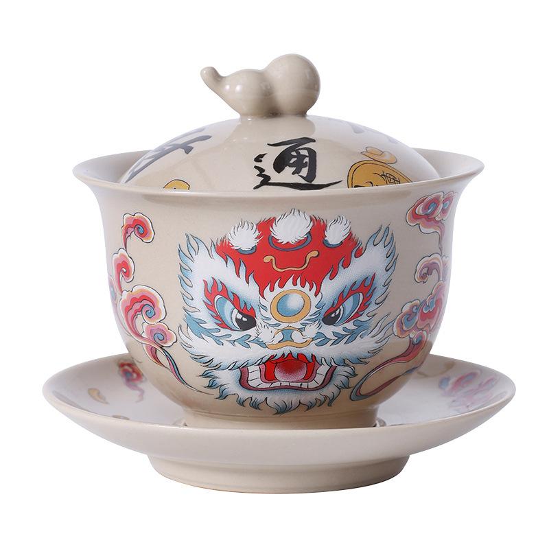 Chinese Style Grass And Wood Gray Lion Dance Three Talent Cover Bowl Teacup Single High-Grade White Porcelain Tea Kung Fu Tea Set Tea Bowl