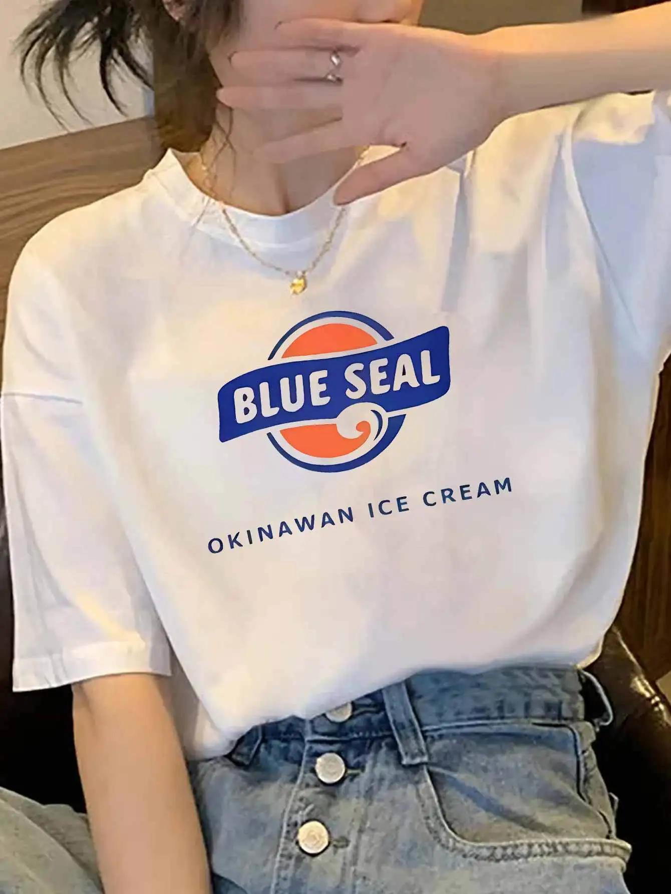 

2025 Fashion Summer Cotton Blue Seal Cartoon Printing Womens Tshirts Round Neck Cute Y2K styles Oversized Casual Loose Top S
