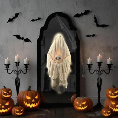 Glowing Ghost Wall Mirror Battery Operated Halloween Wall Decor Gothic LED Mirror Decor  Bedroom