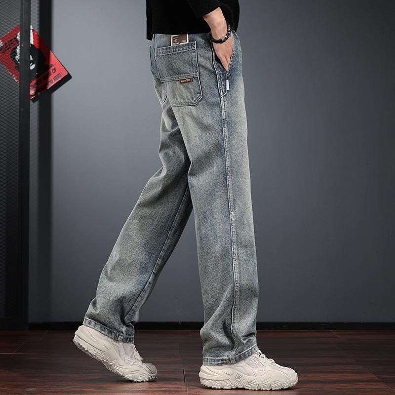 American Retro Washed Jeans Men's Autumn and Winter Loose Straight Fleece Pants Large Size Trendy Casual Tooling Trousers