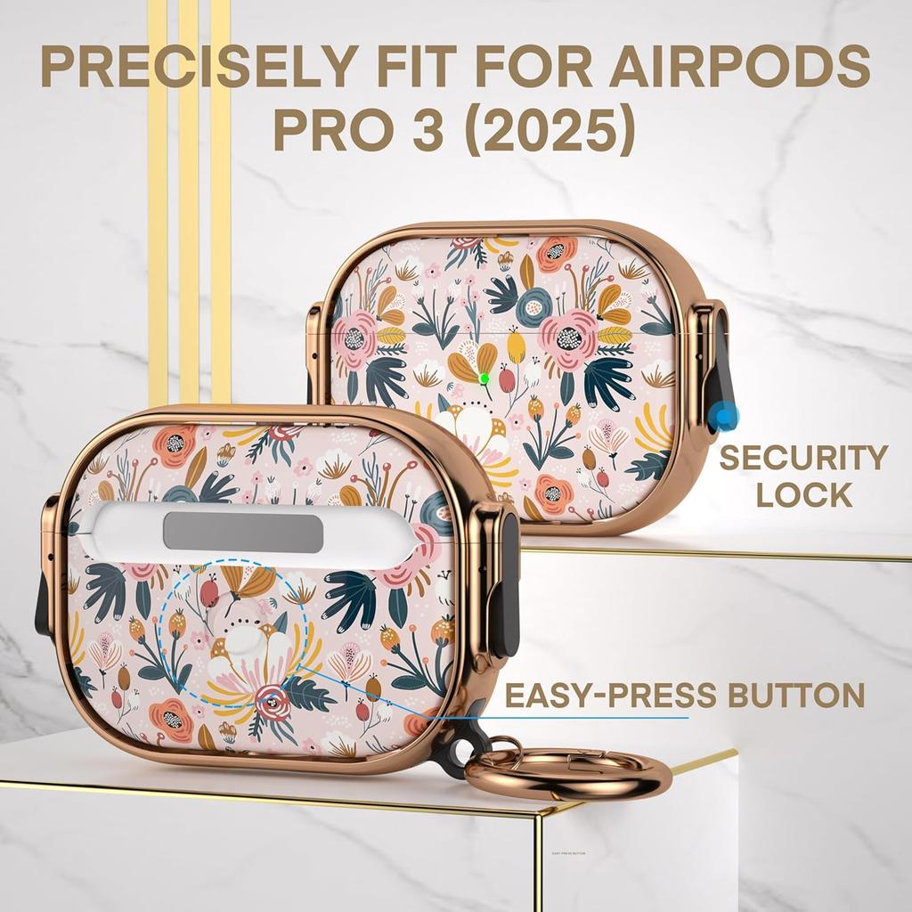 Maxjoy for AirPods Pro 3rd Generation Case with Lock, Flower AirPods Pro 3 Case Lock Protective Hard Cute AirPod Pro 3 Cover for Women Men with