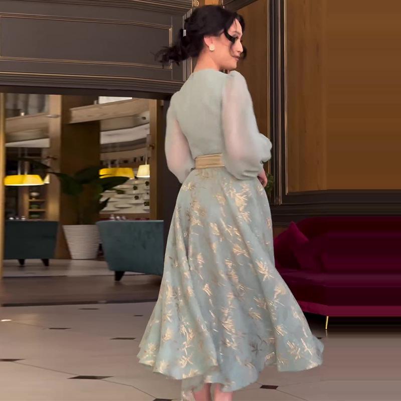 2024 Autumn Women's European & American Fashion Print Square Neck Mesh Swing Dress