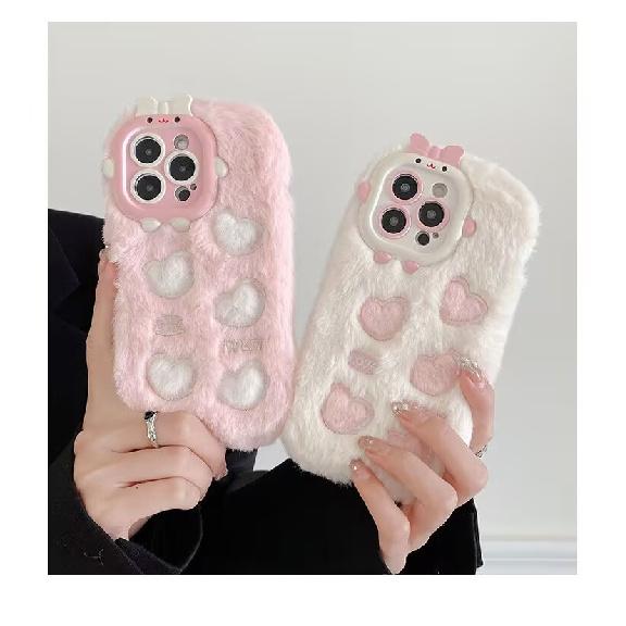 Morbida Peluche Soffice Fiocco Maialino Carino e Cuore Custodia per Telefono Per iPhone 17 16 Pro Max Custodia 15 14 Plus 13 12 11 Cartone Animato Calda Invernale Pelliccia Pelosa Copertura Shell