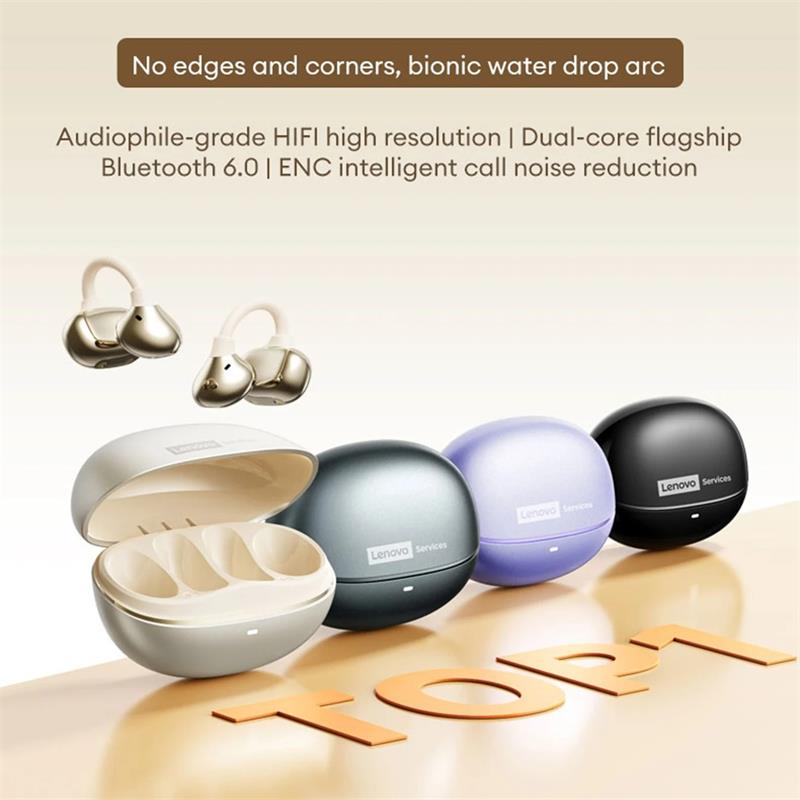 Lenovo RS106 Clip-On Open-Ear Earbuds Bluetooth 6.0, 24H Play, USB-C Fast Charge, Dolby HiFi Bass, ENC Calls, Water-Drop Arc Comfort Sports Headphones