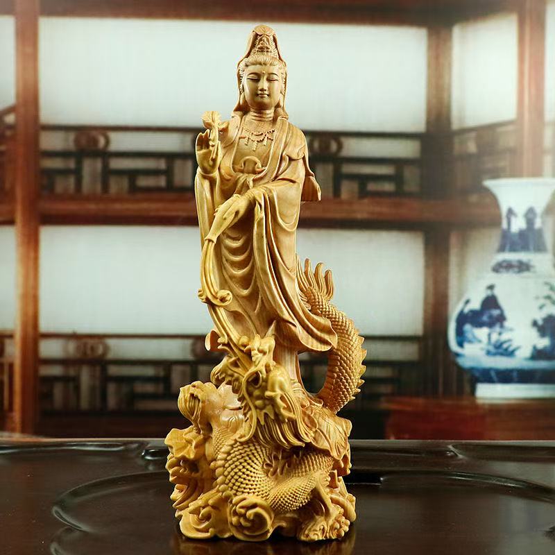 Statua Buddy Guanyin z naturalnego drewna z motywem smoka, Tradycyjne ręcznie rzeźbione chińskie postacie buddyjskie, Statua Feng Shui do domu i salonu