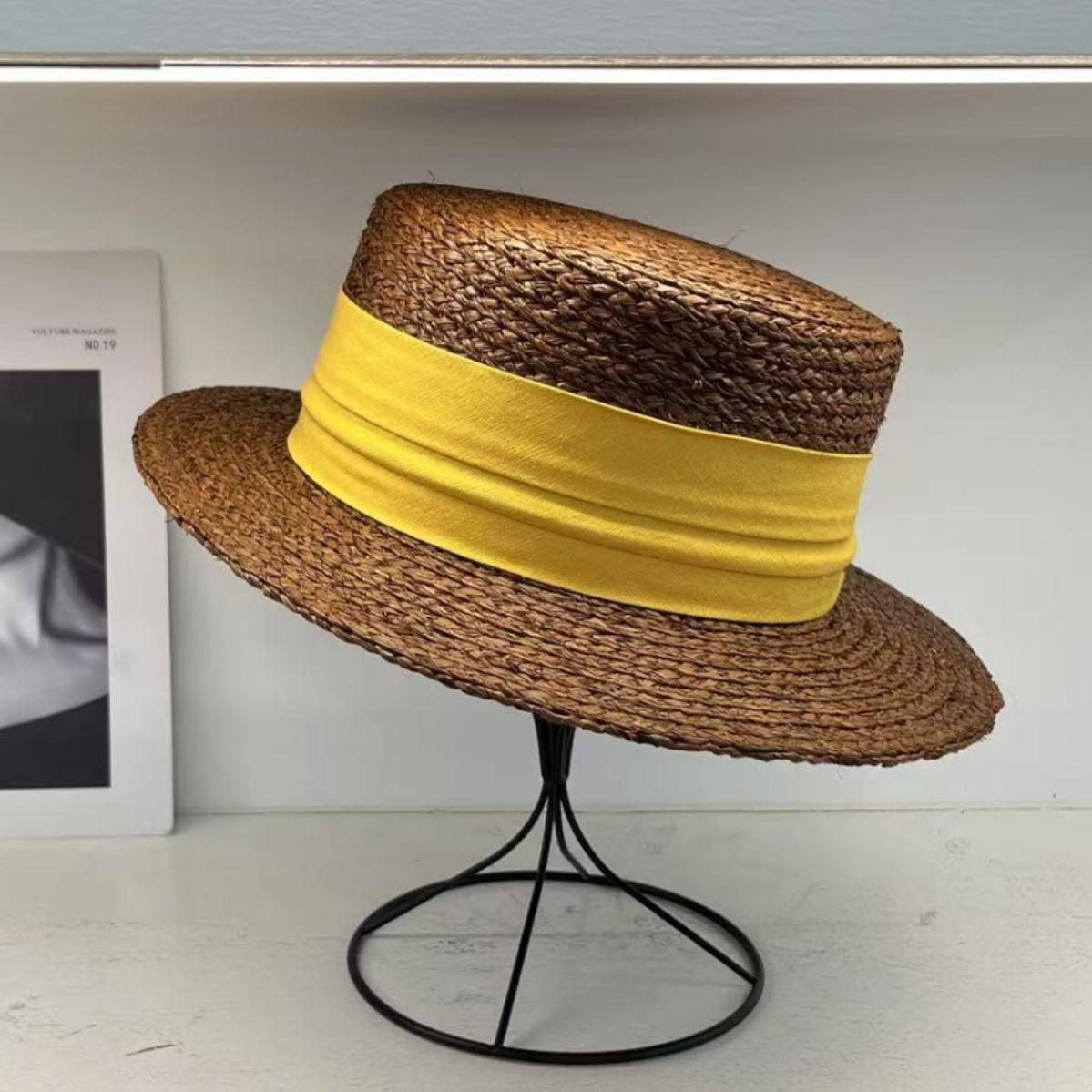 

Lafite classic brown contrasting color small fresh flat top straw hat women s summer sun protection top hat sunshade sun hat adjustable (55-58cm)