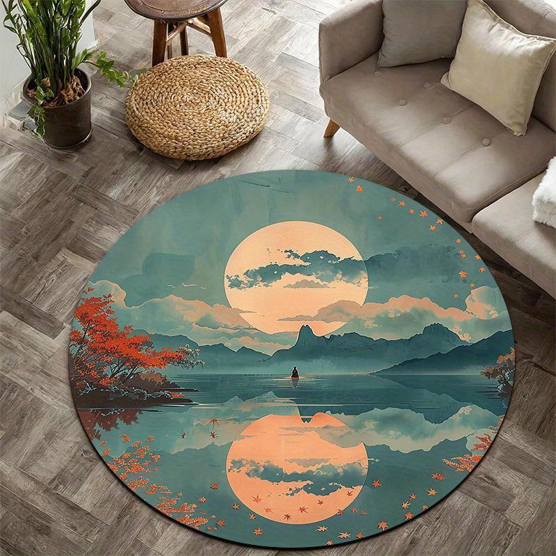 

Serene landscape pattern Flannel-printed round floor mats are slip-resistant Suitable living room bedroom terrace garden carpets 60cm