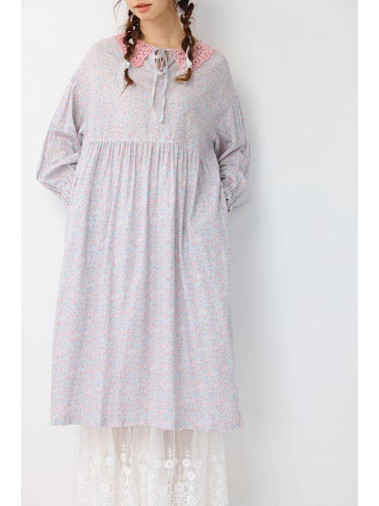 Women's Floral Print Lace-up Doll Collar Cotton Linen Long Sleeve Loose Plus Size Spring Dress