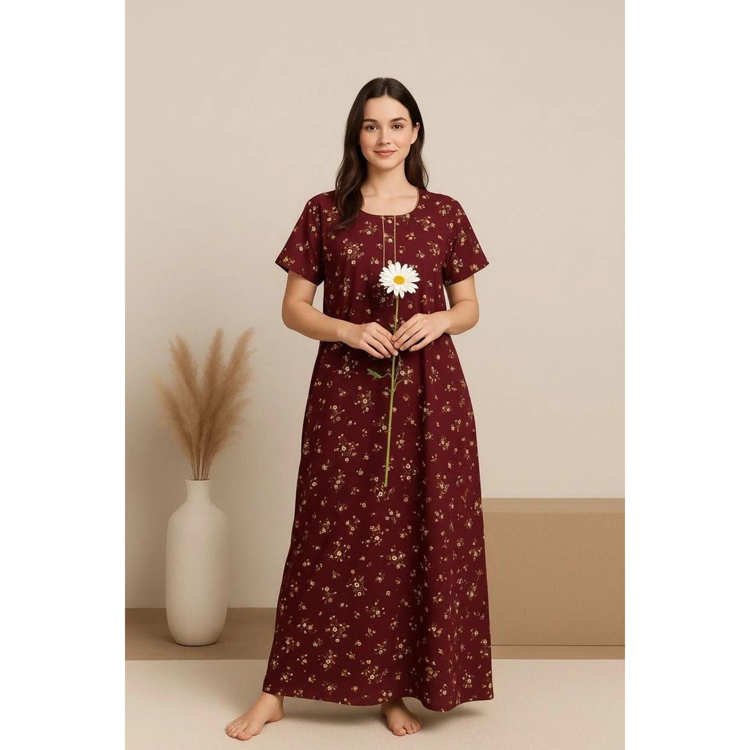 Maroon Beautiful Lightweight Maxi Nighty Women Daily Wear Cotton Night Gown Set 2XL-48
