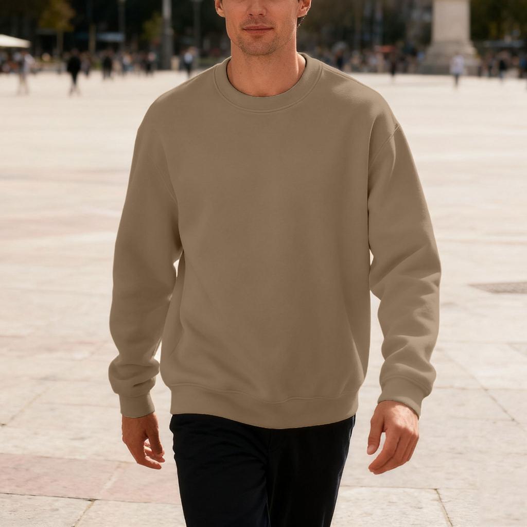 Neues Fleecegefüttertes Sweatshirt für Herren Frühling/Herbst Klassischer Rundhalsausschnitt Einfarbig Übergroß Lässige Passform Oberteil