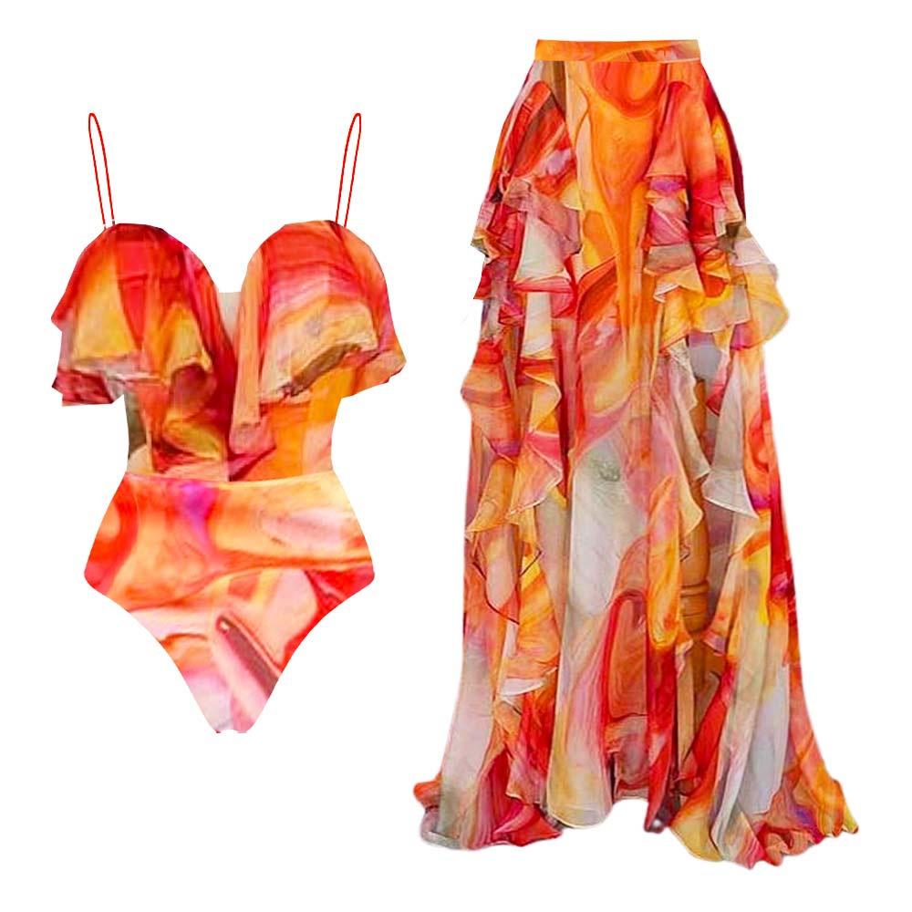 1011 European and American New Fast-selling Smudged Ruffle Leaf Edge One-piece Swimsuit Women's Vacation Suit Beach Skirt