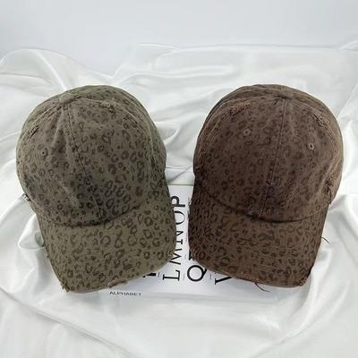 Retro Leopard Print Hot Girl Baseball Cap Ripped Hole Washing Street Baseball Cap Big Head Circumference Korean Style Fashionable and Versatile