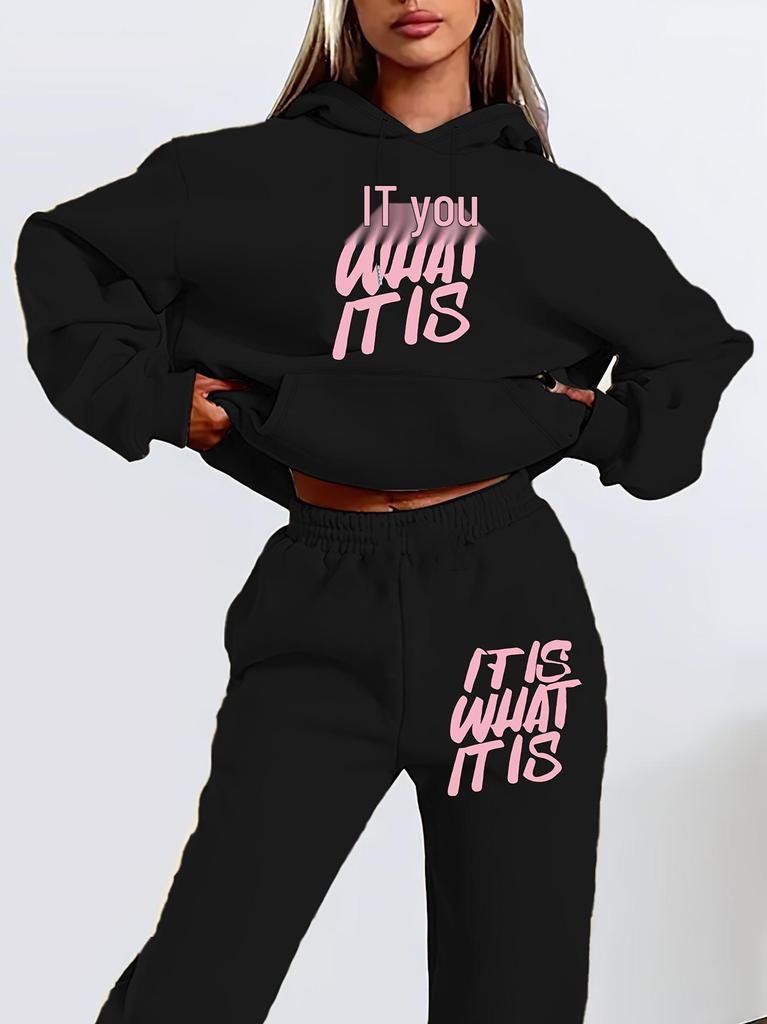Women's Autumn Letter Print Hooded Sweatshirt Set