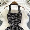 Summer Women Brand Designer Sexy Club Party Halter Print Letter Knitted Sweater Slim Bodycon Mini Short Sheath Dresses