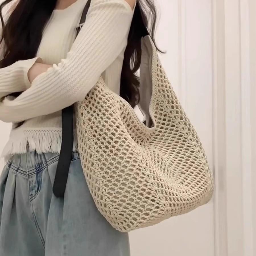 Beach Woven Tote Bag Women S Spring And Summer Large-Capacity Niche Hollow Shoulder Messenger Bag светло-бежевый