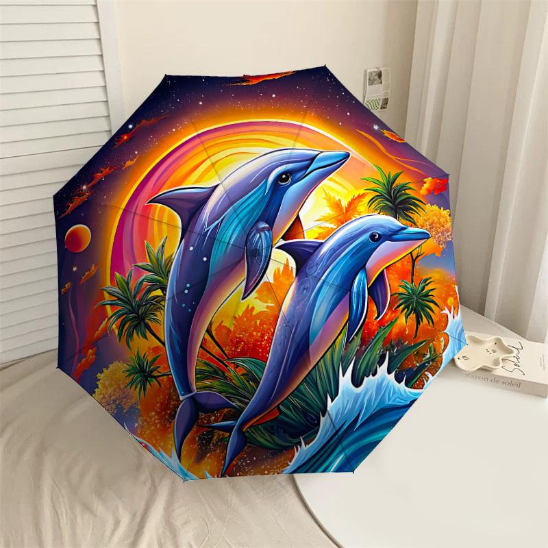 

1PC Dolphins Ocean Automatic Open/Close Umbrella with Windproof, 8-Rib Sturdy Canopy, Durable Ribs, Fashionable Design, Outdoor Accessory, Fun Prin, H