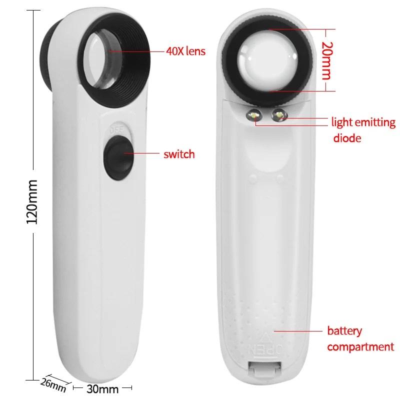 40X Handheld Coins Magnifying Glass with 2 LED Lights Jewelry Diamond Jade Magnifier HD Loupe Lens for Jeweler Watch Repair Tool