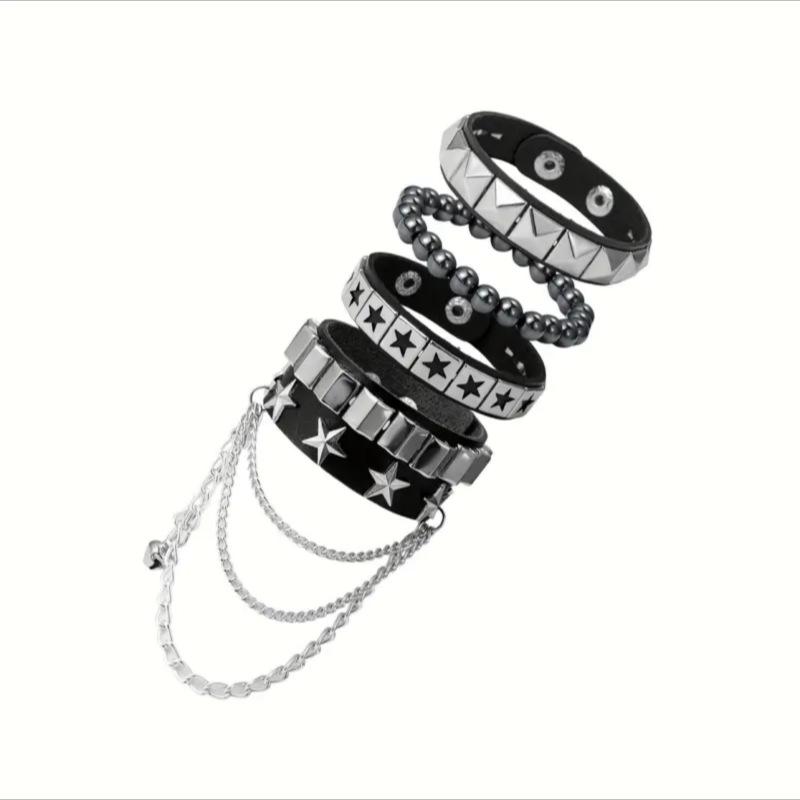 Set of 4 Punk Style Bracelets with Studs and Star Decorations Adjustable Leather and Metal Chain Accessories for Wrist