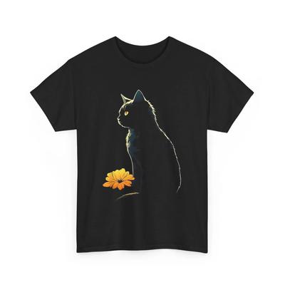 HOT SALE Cat Silhouette Floral Tee Unisex Heavy Cotton Animal Art Shirt Reflection Scene T-shirt Graphic Fashion Casual Soft Tee
