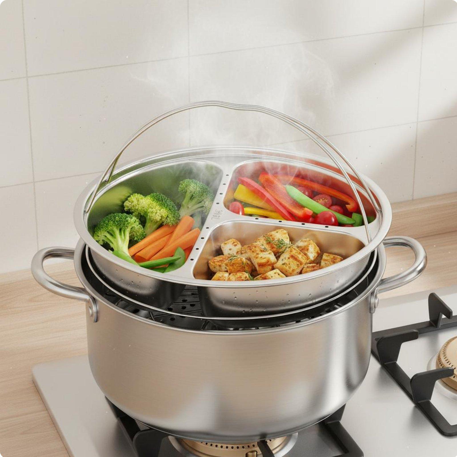 Divided Steamer Plate Long-Lasting Construction Round Portion Control Plate Stainless Steel Food Tray with Handle Deepened