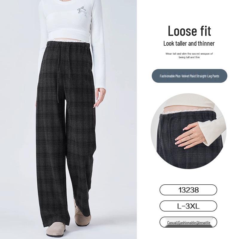 Maternity Plaid Wide-Leg Pants - Plus Velvet, Thickened, Straight-Leg for Autumn/Winter 2025 2XL