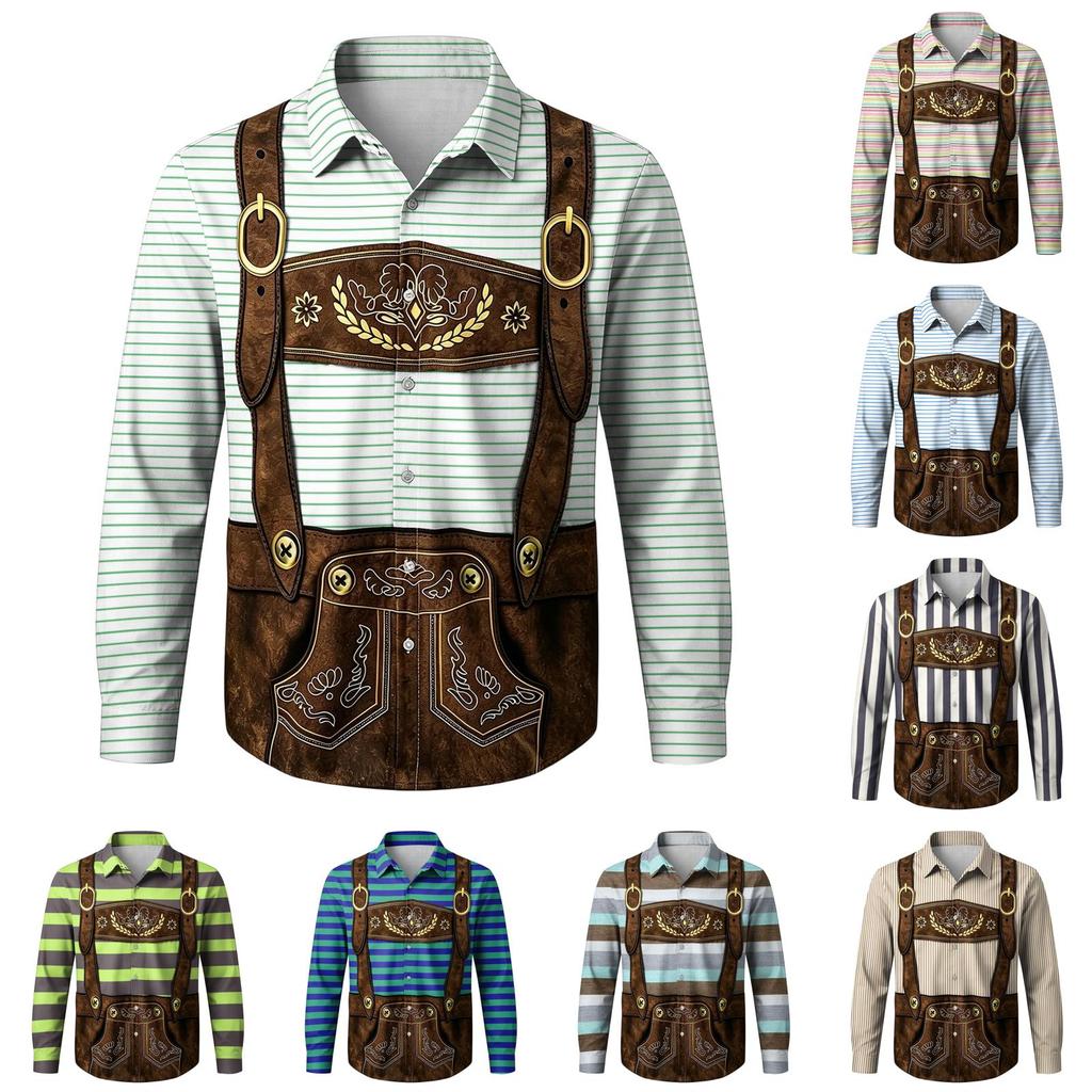 Camicia da uomo per l'Oktoberfest con stampa 3D, vestibilità ampia, manica lunga, colletto classico, adatta per la primavera e l'autunno, per uso casual all'aperto, festival, feste