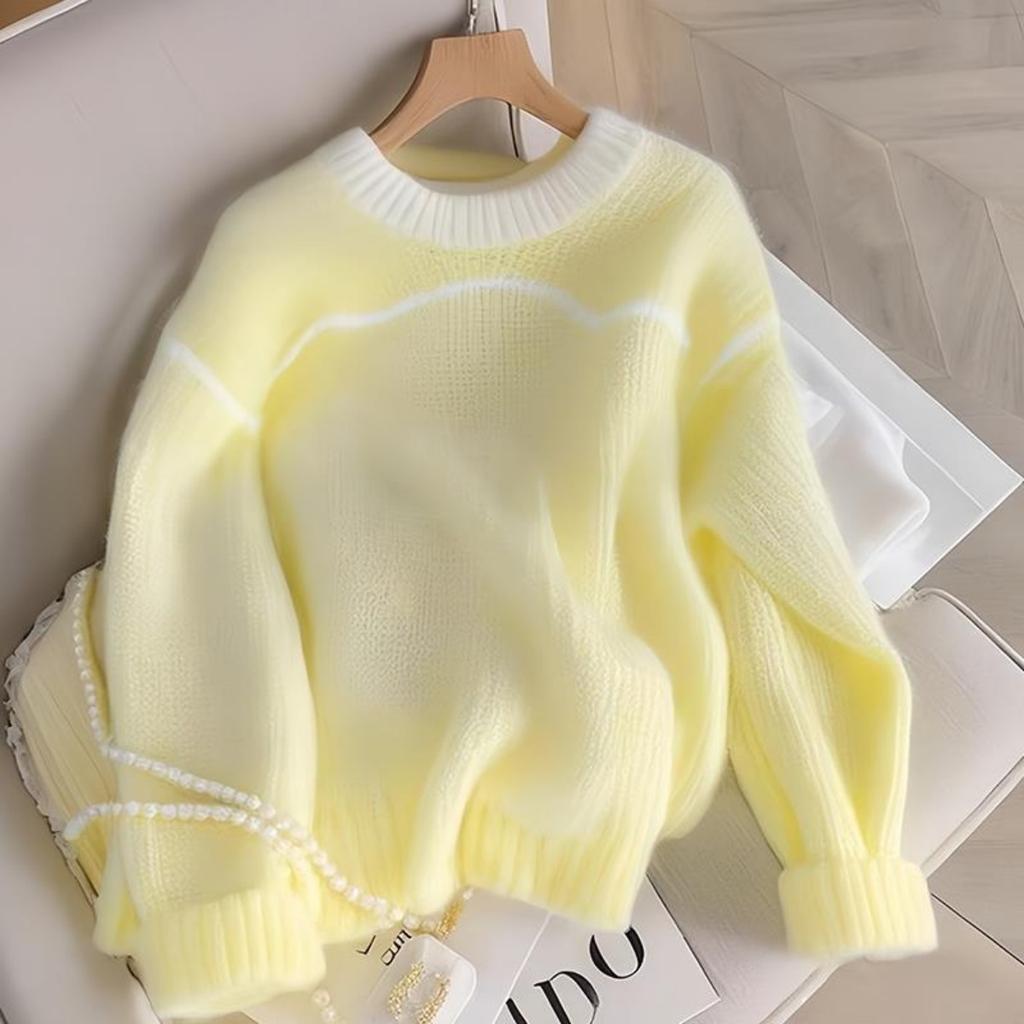 Lemon Yellow Loose Long Sleeved Knitted Sweater, Early Autumn New Women's Korean Style Atmosphere Fashionable Top