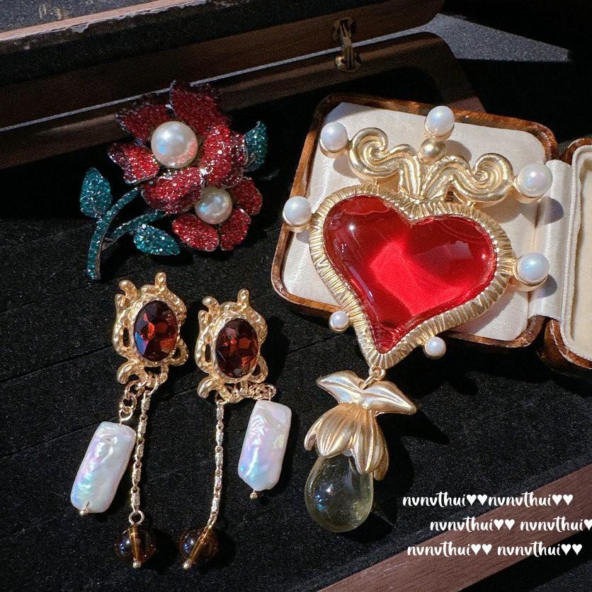 Wine Stained Rose Pearl Gemstone Brooch Vintage Plated 18K Gold, Jelly Glazed Love Drop Brooch, Earrings