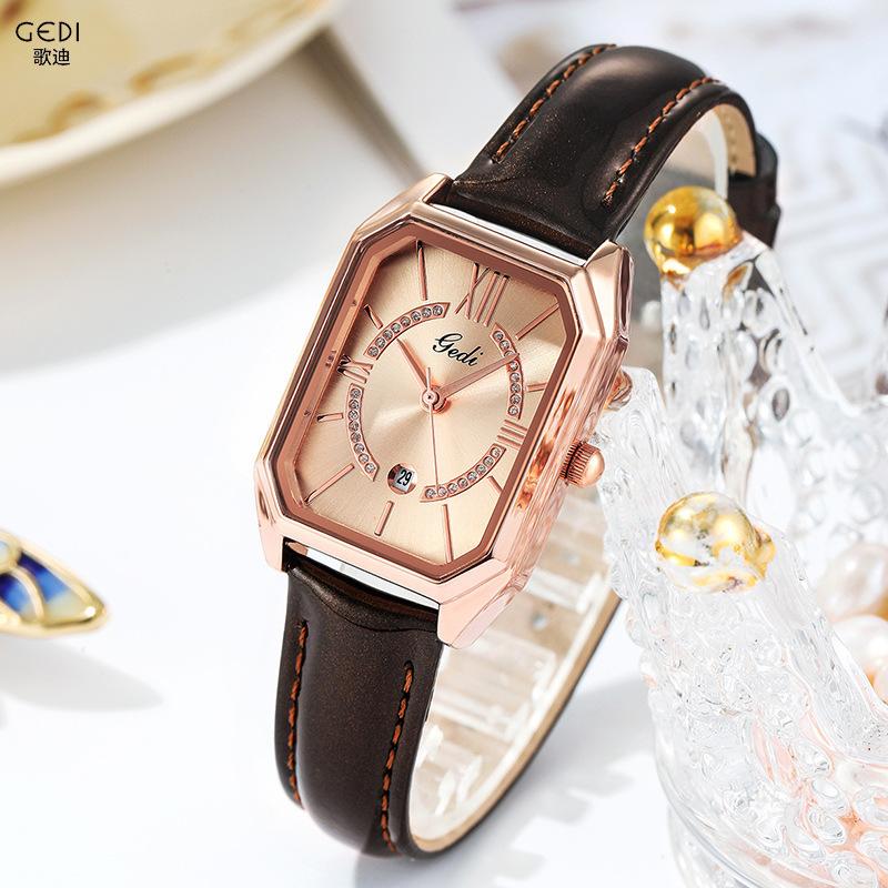 Small Square Plate Women'S Watch Light Luxury Temperament Calendar Women'S Watch Fashion First Layer Cowhide Strap Women'S Watch