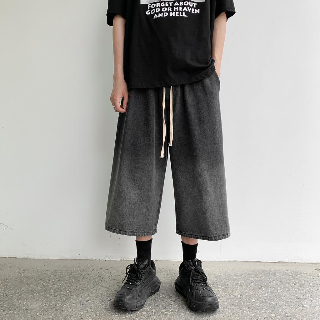 2023 Summer New Casual Calf-length Men's Jeans Pants Harajuku Elastic Waist Solid Color Baggy Jeans For Man