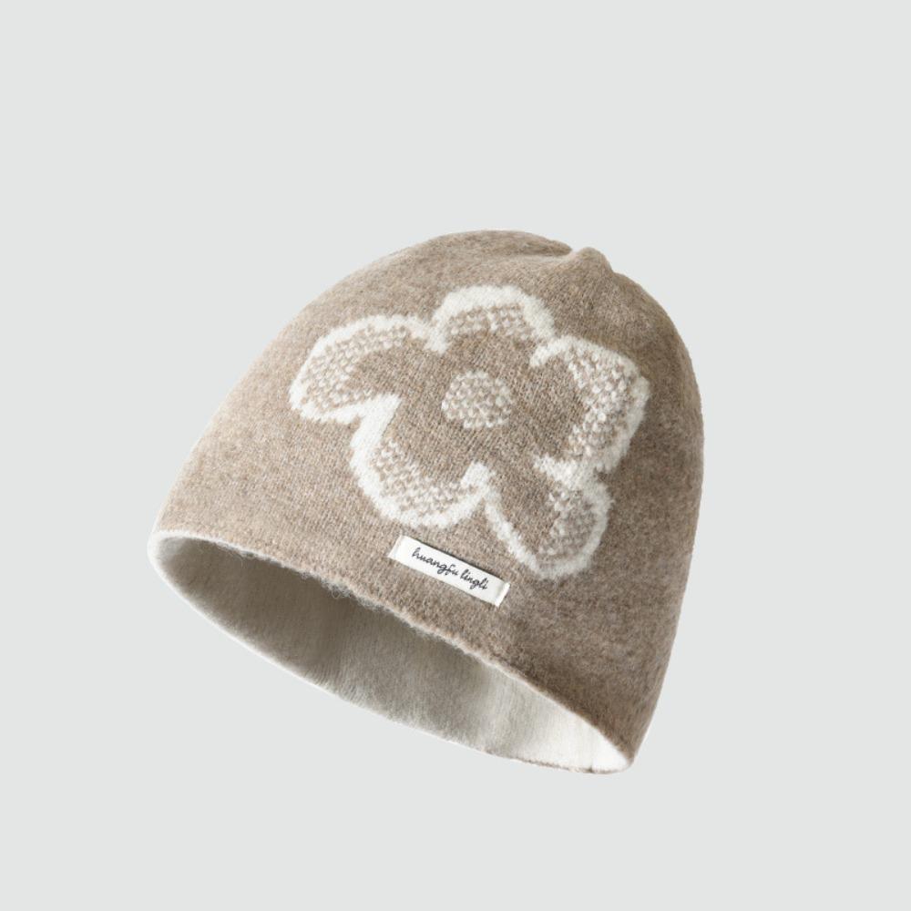 Warme Fair-Isle-Mütze, Wollstrickmütze mit Print, modisches Blumen-Jacquard-Strickmuster, Wintermütze