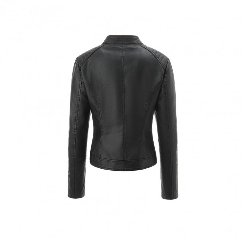 Womens Faux Leather Jacket Stand Collar Zip Up Slim Fit Black Apricot Burgundy