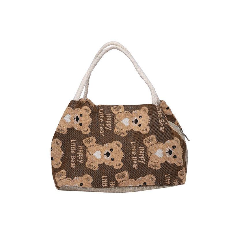 Linen Handbag Women New Cute Cartoon Bear Lunch Box Fresh Artistic Student Tutoring Bag